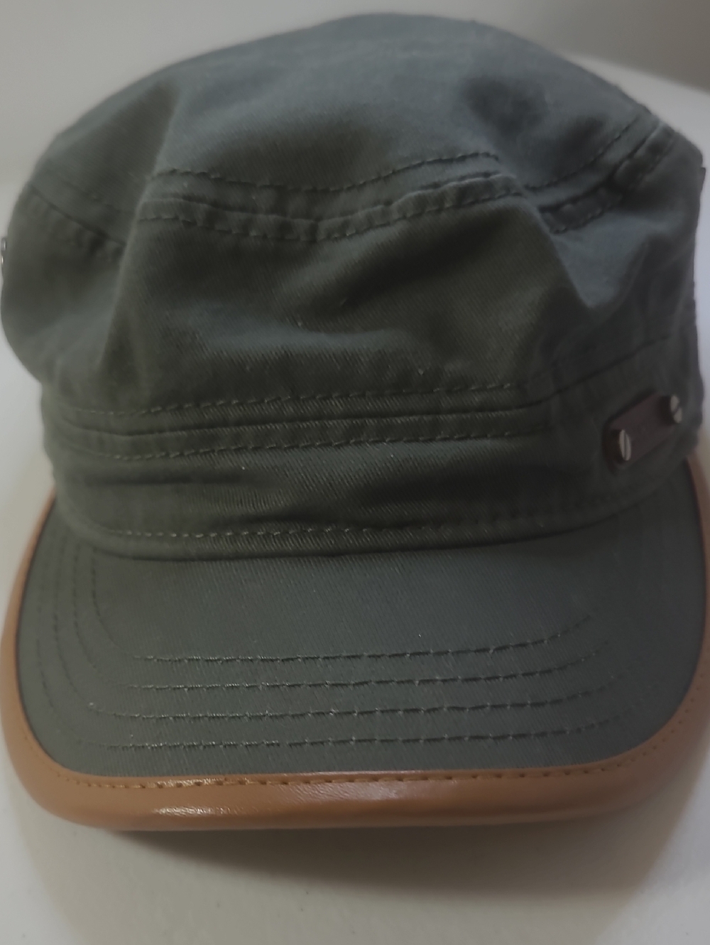 Unisex Olive Green Military-Style Cadet Strapback Cap with Brown Trim